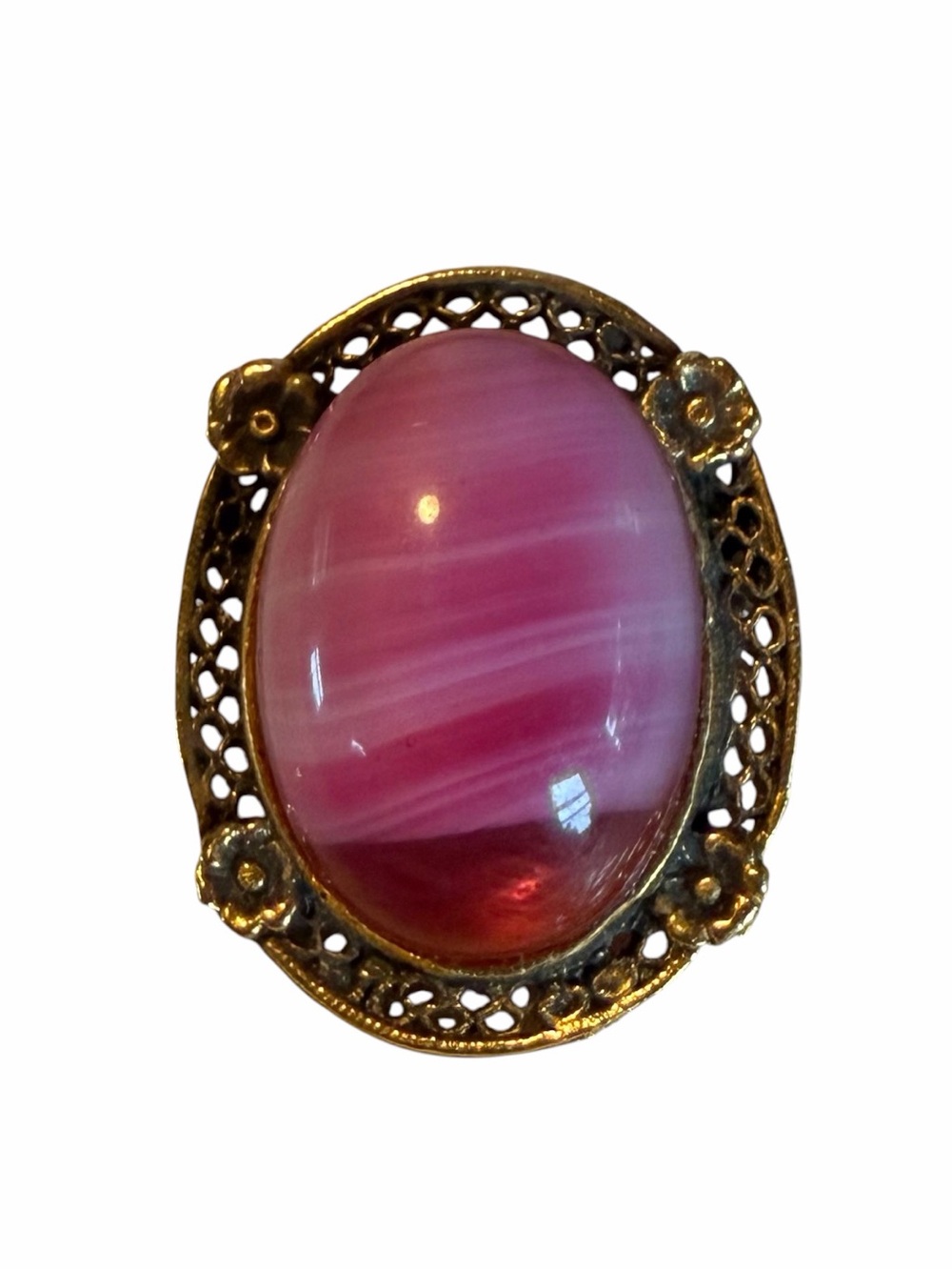 Vintage Gold-Tone Pink Cabochon Floral Filigree Brooch